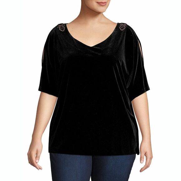 New! ALEX EVENINGS Embellished Shoulder Velvet Black Top Blouse Plus Size - Picture 5 of 7